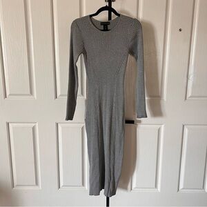 Gray Ribbed Knit Long Sleeve Dress
